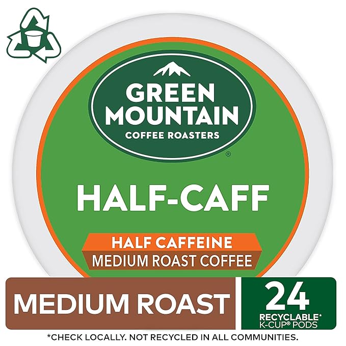 Green Mountain Coffee Roasters Half Caff, Single-Serve Keurig K-Cup Pods, Medium Roast Coffee, 24 Count