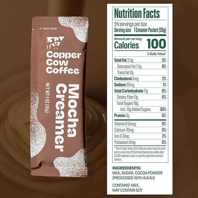 Copper Cow Coffee Sweetened Mocha Milk Creamer Singles (24 pack) | Vietnamese Inspired Coffee Creamer, All Natural Creamer Packets for Pour Overs & Lattes | No Refrigeration Needed, Travel Friendly
