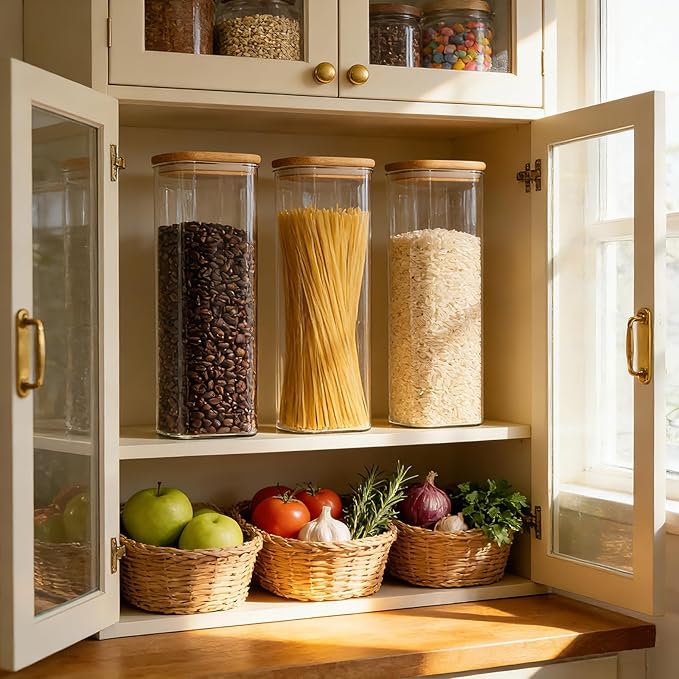 KEYWING 72oz Glass Spaghetti Pasta Storage Containers with Lids, 3-Pack Tall Square Airtight Food Jars for Pantry Noodles Flour Oats Cereal Sugar Beans