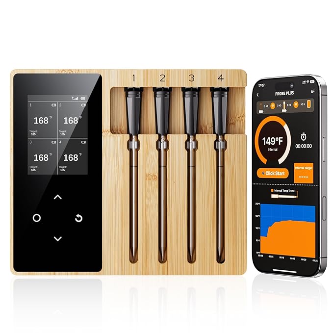 Newise 4 Probes Wireless Meat Thermometer, Bluetooth Digital Food Thermometer for BBQ, Grill, Oven, Smoker, Long Range and Rechargeable Base with Real-time Alerts, Cooking Gifts for Men