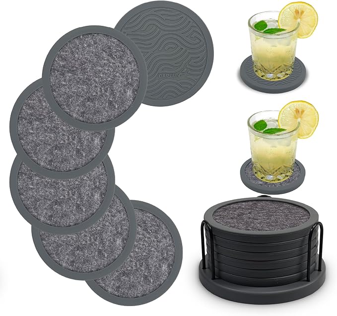 Set of 6 Non-Slip Silicone Coasters with Holder, Double-Sided Absorbent for Hot/Cold Drinks, Scratch & Water Ring Protection for Wood Tables, Home Office Bar, Black Gold Marble (Grey)