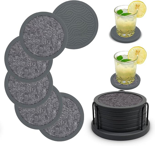 Set of 6 Non-Slip Silicone Coasters with Holder, Double-Sided Absorbent for Hot/Cold Drinks, Scratch & Water Ring Protection for Wood Tables, Home Office Bar, Black Gold Marble (Grey)