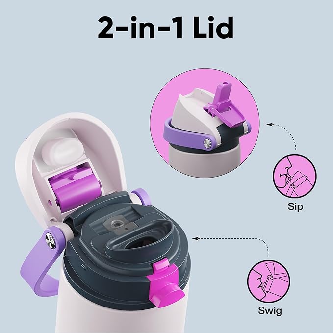 Insulated Water Bottle with Straw - Encool Stainless Steel Water Bottle with Push Button Lid, Leak-Proof & BPA-Free, Keeps Cold for 24 Hours for Sports, Travel, Gym (24 oz, Oyster Pink)