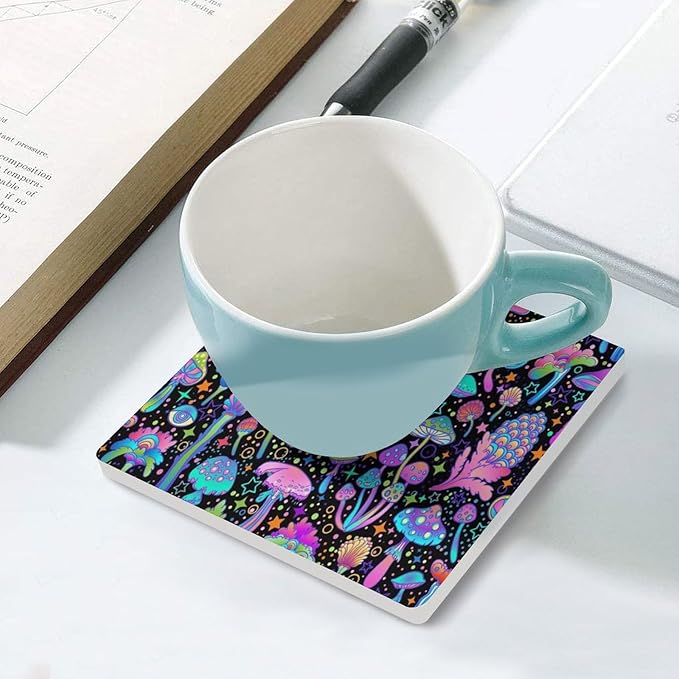 4PCS Botanical Drink Coasters, Square Modern Ceramic Absorbent Coasters,Fantasy Magic Colorful Trippy Botanical Mushrooms Decor Desk Coffee Table Coaster for Beverage Cup Tea Coasters