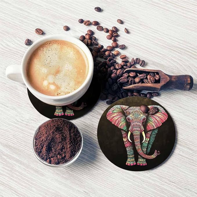 Tribal Elephant Table Coasters for Drinks Vintage Boho Colourful African Animal Isolate Portrait 100% Diatomite Home and Dining Room Bar Decor 4 X 4 X 0.35 Inch for Men Women