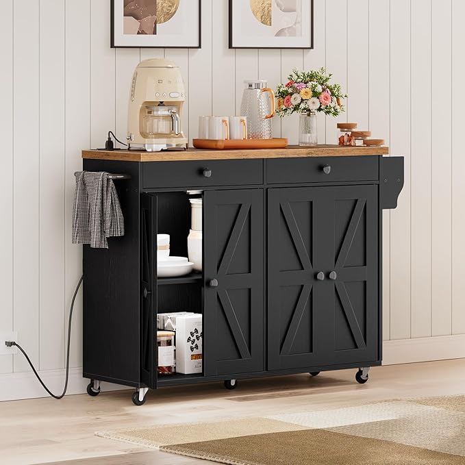 HOOBRO Kitchen Island with Power Outlet, 43.3" Rolling Island with Storage, Kitchen Cart with Spice Rack and Hooks, for Living Room, Rustic Brown and Black BF11UZD01
