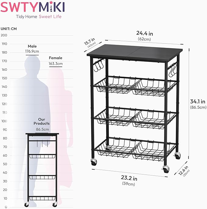SWTYMIKI Rolling Kitchen Storage Cart - 4 Tier Microwave Table Stand with 6 Storage Baskets, Coffee Bar with Wheels, Kitchen Utility Cart Shelf Rack Organizer for Fruit, Vegetables, Potato (Black)