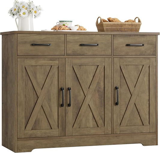 HOSTACK Modern Farmhouse Buffet Sideboard Cabinet, Barn Doors Storage Cabinet with Drawers and Shelves, Wood Coffee Bar Station for Dining Room, Kitchen, Living Room, Rustic Brown