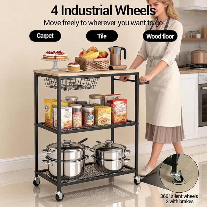 Rolling Kitchen Carts on Wheels, 3 Tier Mobile Utility Cart with Wood Tabletop Storage Cart, Metal Serving Carts with Handle and Shelf Liner for Island Restaurant Coffee Bar Living Room Office Black