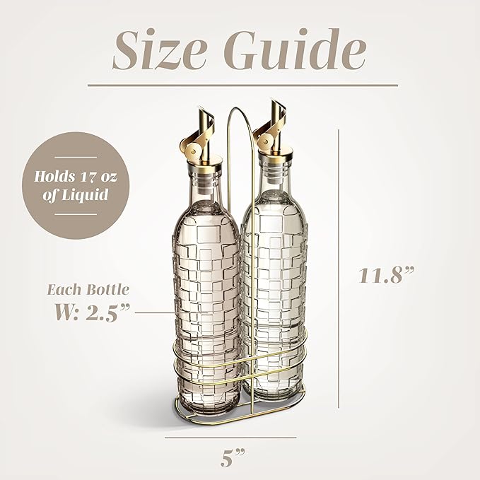 COOK WITH COLOR Glass Olive Oil Bottle Dispenser - 2 Pack- 17oz Oil and Vinegar Cruet - Olive Oil Carafe Decanter for Kitchen, Checkered, Brown
