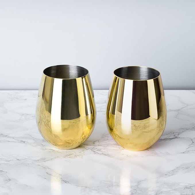 Viski Stainless Steel Wine Glasses, Modern Wine Tumblers, Elegant Drinking Glasses for Red and White Wines, Wedding Gifts, Holiday, Birthday Party, Home Bar, Drinkware Set of 2, 18 oz, Gold