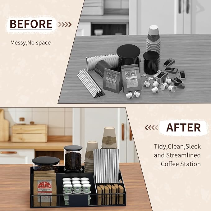 Metal Coffee Station Organizer for Countertop - Coffee Bar Organizer with Designable DIY Logo, K Cup Pods Holder & Tea Condiment Storage - Rustic Breakroom Kitchen Decor in Balck （1 Pcs）