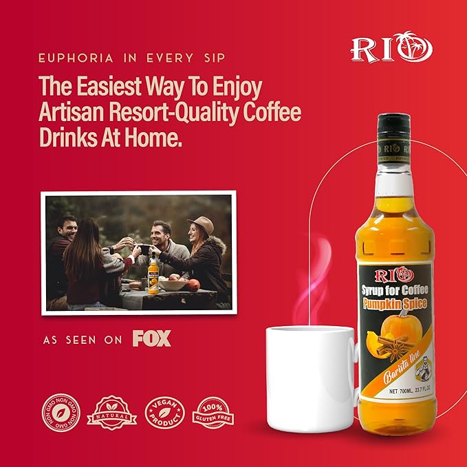 RIO Pumpkin Spice Coffee Syrup, Perfect for Hot or Iced Drinks & Desserts, Warm & Spicy Flavoring Sweetened with Pure Cane Sugar, Barista-Grade Flavor Syrups for Coffee Drinks at Home & Work - 700ml