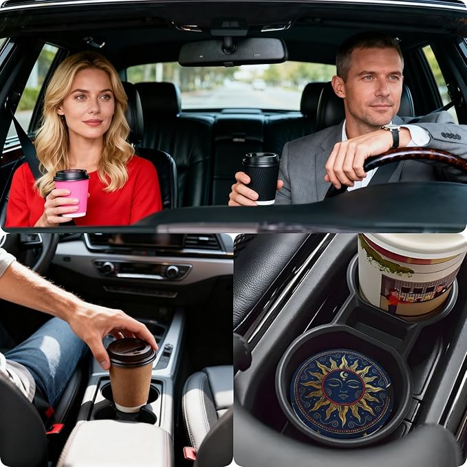 Car Cup Holder Coasters, 2 Pcs Ceramic Coasters with Finger Slot and Cork Back, Anti-Slip Shock Absorbing Women and Men Universal Car Accessories - Art Sun