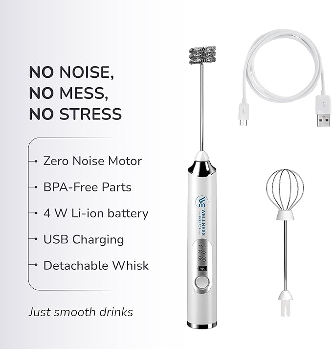 Wellness Extract Multi-Speed Rechargeable Electric Milk Frother, Li-ion Battery Powered – Certified Safe, Ideal for Coffee, Matcha, Protein & Colostrum