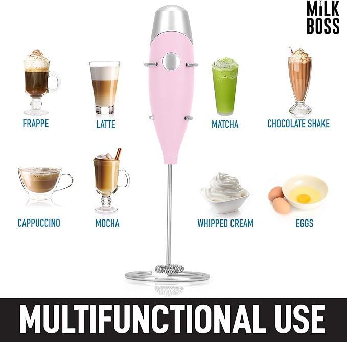 Milk Boss Mighty Milk Frother Handheld Whisk Mixer - Coffee Frother Electric Handheld Foam Maker & Frother For Coffee - Portable Electric Whisk With 16-Piece Stencils For Lattes, Matcha & More (Pink)
