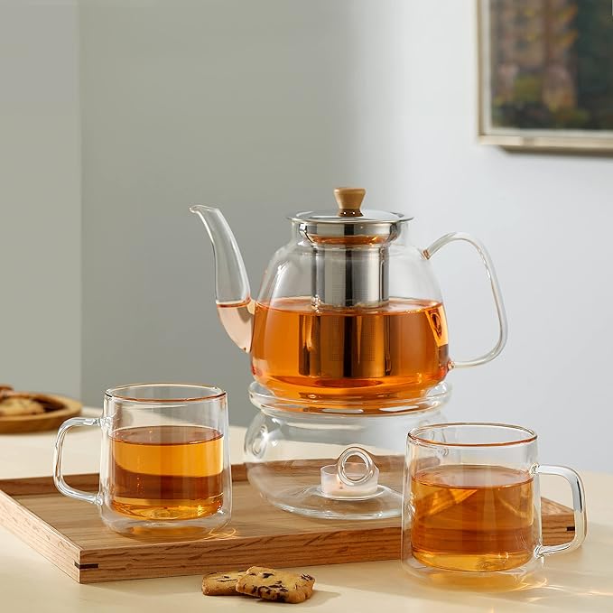CNGLASS Glass Teapot with Infuser(37.5oz),Clear Tea Kettle with Removable Stainless Steel Strainer,Stovetop Safe Glass Teapot for Blooming and Loose Leaf Tea