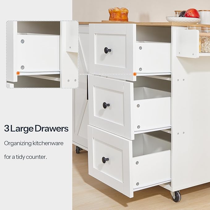 HOOBRO Kitchen Island with Power Outlet, Rolling Kitchen Island on Wheels, Island Table with 3 Large Drawers, Storage Cabinet, Spice Rack and Adjustable Shelf, White and Natural WN15UZD01