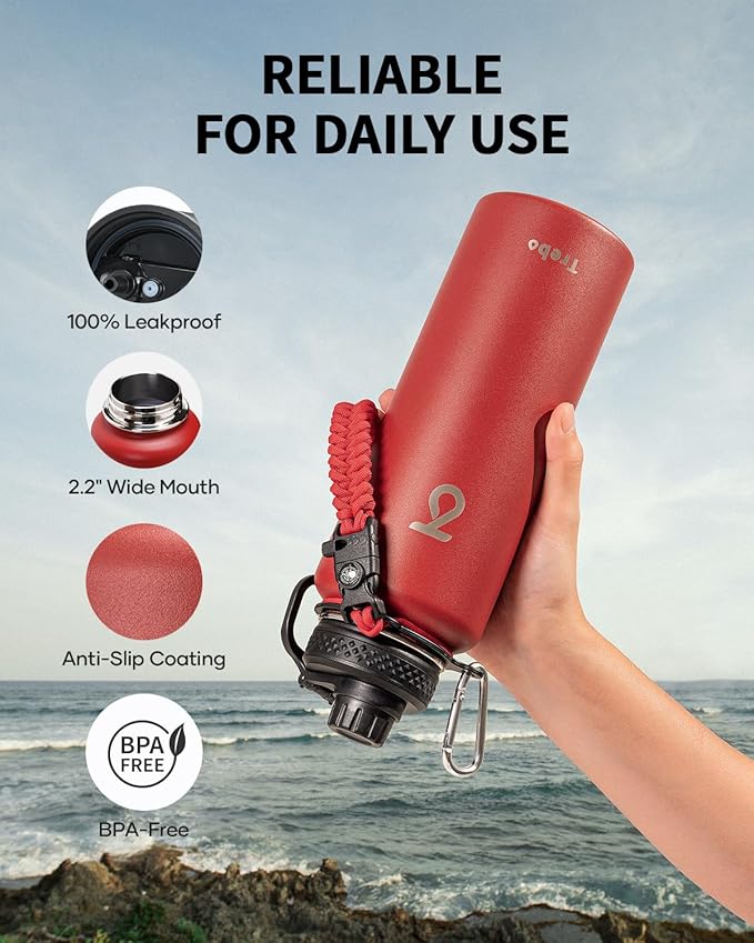 Trebo Water Bottle 40oz with Paracord Handle, Half Gallon Large Vacuum Double Wall Stainless Steel Insulated Water Jug with Holder Strap Straw Spout Lids, Leakproof Keep Cold & Hot, Red