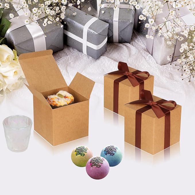 100 Pack Small Gift Boxes, 3x3x3 Inches Favor Boxes Brown Paper Gift Boxes with Lids for Presents, Crafting, Cupcake Boxes, Gifts, Candy Boxes for Wedding Party Bridal Shower Baby Shower Favors