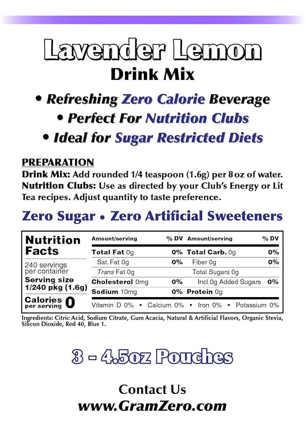 GramZero Lavender Lemon Zero Calorie Sugar Free Drink Mix, Great For Nutrition Club Loaded Tea, Stevia Sweetened