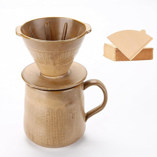 Pour Over Coffee Maker Set - 300ml Ceramic Mug with Dripper & 100 Small Cone Filters, Brown