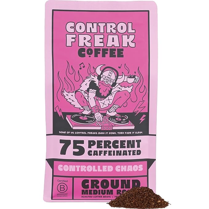 Control Freak Coffee Controlled Chaos 75% Caffeine Ground Coffee (32 Oz) – Low Caffeine Coffee Reduced Blend, Sugarcane Decaf – Freshly Roasted Specialty Coffee, Bold, Smooth Roast