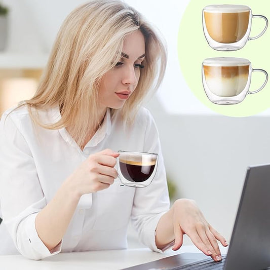 Double Walled Glass Coffee Mugs Set of 2, 8 oz Hand Blown Insulated mugs with Handle, Clear Coffee Mugs for Cappuccino, Latte, Espresso, Americano, Tea Bag, Beverage Glasses Heat Resistant Coffee Cups