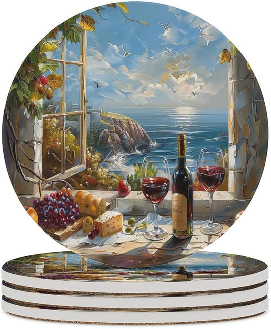 Round-4PCS Red Wine Ceramic Coasters, Round Absorbent Drink Coasters, Oil Painting Style Red Wine Grapes Sea Scenery Ceramic Table Coasters for Coffee, Beverage, Wine, Beer Coasters