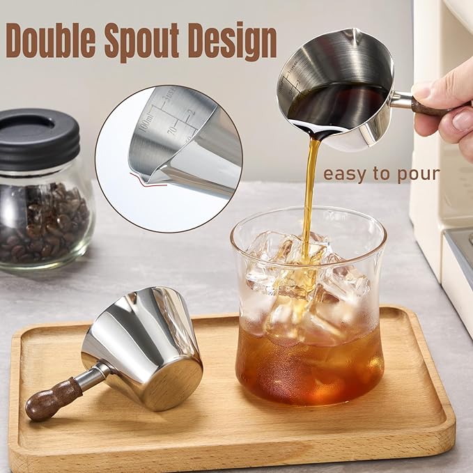 Stainless Steel Espresso Cups Set of 2, 3 OZ Double Spout Glass Measuring Cup with Handle, Milk Frothing Pitcher with Spout & Scale, Espresso Accessories for Coffee, Latte Art and Kitchen Use