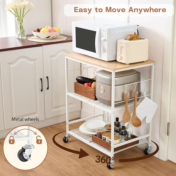 Rolling Kitchen Microwave Cart, 3 Tier Microwave Stand with Storage, Small Kitchen Island on Wheels, Wood and Mental Kitchen Shelf Rack, White Organizer for Living Room, Office, Balcony