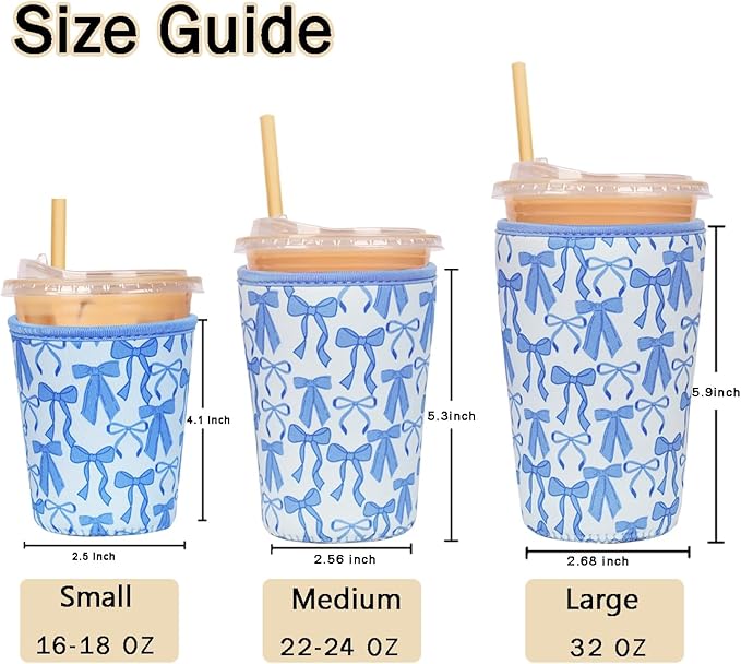 Reusable Insulated Sleeve for Iced Coffee Cup, Coffee Neoprene Sleeve for Cold & Hot Drinks, Beverage Holder for Iced Coffee (Blue Bows, Small: 16-18oz)