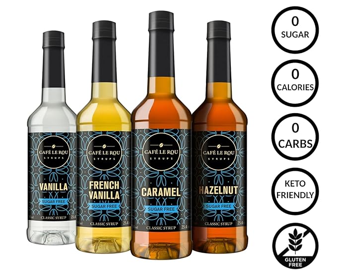 NEW Café Le Rou Coffee Syrup Sugar Free Variety 25.4oz Vanilla, French Vanilla, Caramel, Hazelnut -(4 Pack)*Includes 4 Coffee Syrup Dispensers*Flavoring Syrup for Coffee, Tea and Espresso