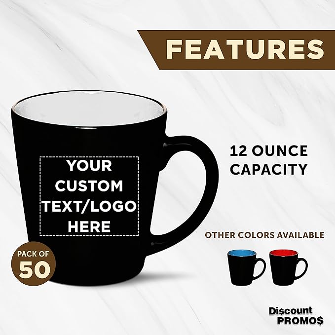 Custom Ceramic Coffee Latte Mugs 12 oz. Set of 50, Personalized Bulk Pack - Perfect for Coffee, Tea, Espresso, Hot Cocoa, Other Beverages - White