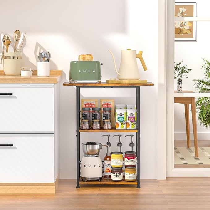 Mini Floor Standing Coffee Bar Shelf,3-Tier Small Coffee Table,Corner Farmhouse Coffee Bar Cabinet;Dining Room, Living Room-Capsules,Coffee Maker(Brown+Black)