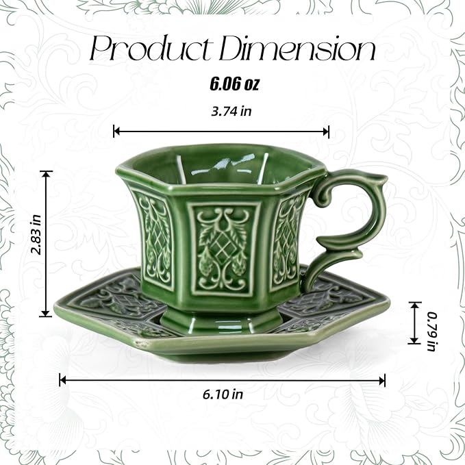 KAMMAK Tea Cups and Saucers Set of 2, Porcelain Coffee Cups, 6-Ounce Stackable Espresso Mugs, Ceramic Demitasse for Coffee, Latte, Americano, Tea, Retro Green