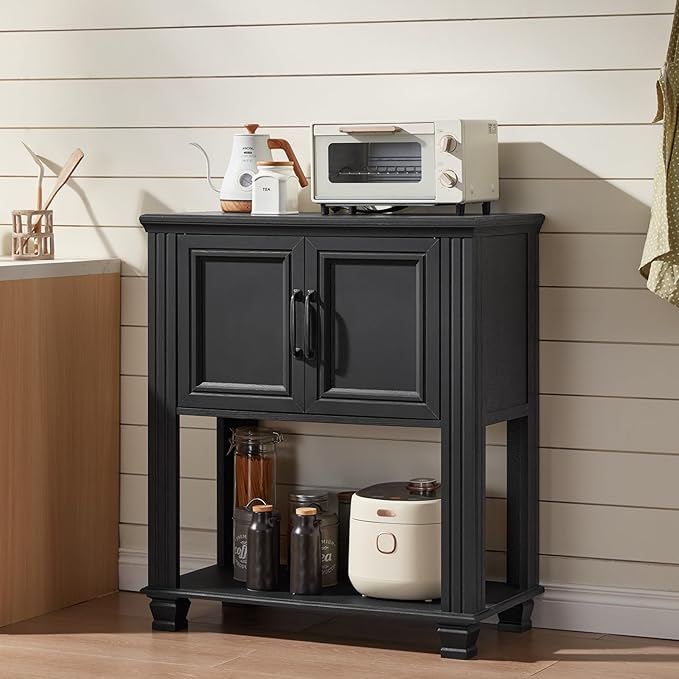 Farmhouse Coffee Bar Table with 2-Door Cabinet, Kitchen Storage Cabinets with Open Shelf, Coffee Station for Dining Room, Kitchen, Hallway, Living Room, Black