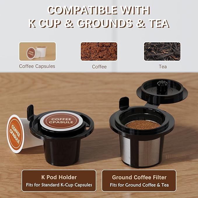 Brewmann Single Serve Hot & Iced Coffee Maker, for K Cup Pod and Grounds, 6 to 24oz Brew Size, Slim Compact for Small Spaces, Descaling Reminder, with Reusable Filters, Black