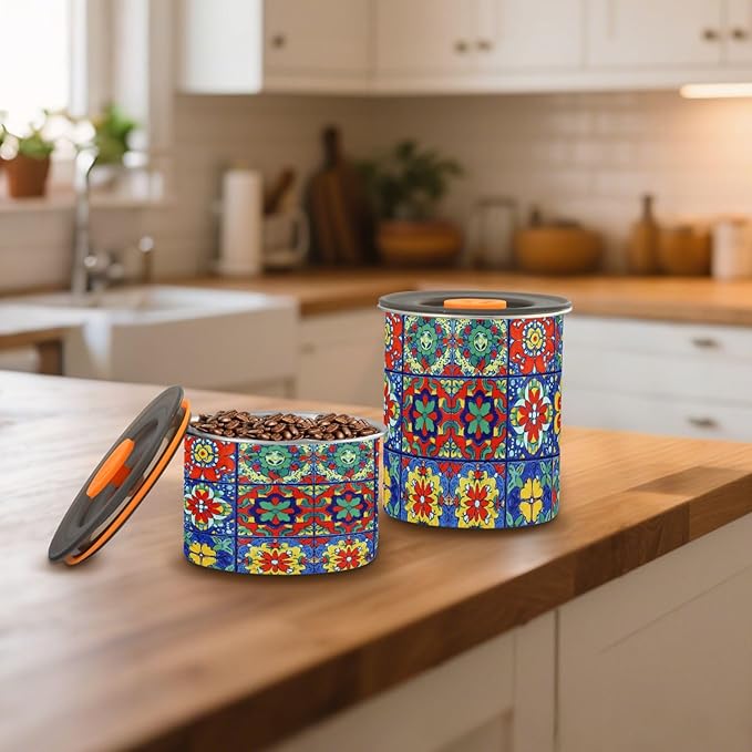 Stainless Steel Coffee Storage Containers with Airtight Lid, Colorful Mexican Talavera 30oz Food Storage Container Kitchen Canister for Tea, Coffee Beans, Ground, Sugar Storage