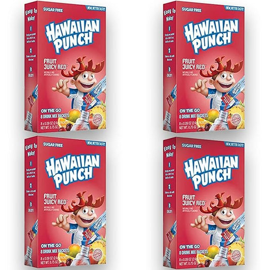 Hawaiian Punch Juicy Red Sugar-Free Powdered Drink Mix 4 Count of 8 packets each for Total of 32 Sticks bundle packaged by D'Elite Box