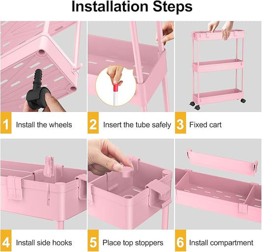 SPACELEAD Slim Storage Cart 3 Tier,Bathroom Organizer Rolling Utility,Mobile Shelving Unit Slide Out for Office, Kitchen, Laundry Room & Narrow Places,Pink