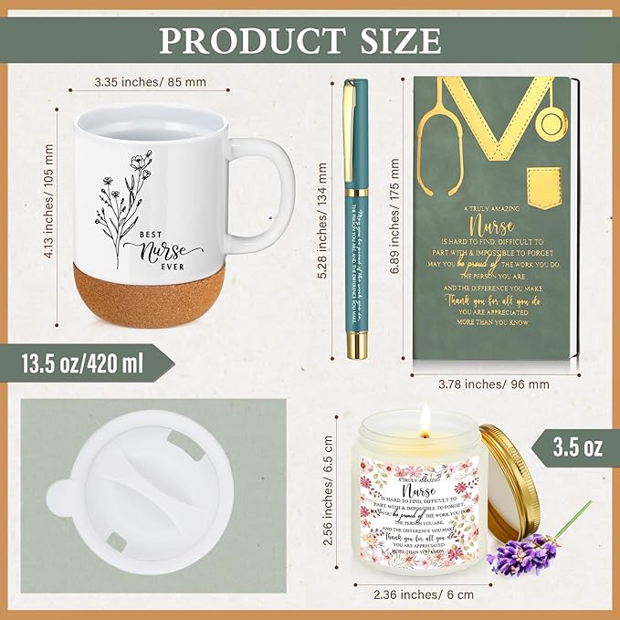 4 Pcs Nurse Gifts Set Nurse Week Appreciation Gifts Notebook Coffee Mug Scented Candle Ballpoint Pen for Coworker Employee Medical Assistant Women Men