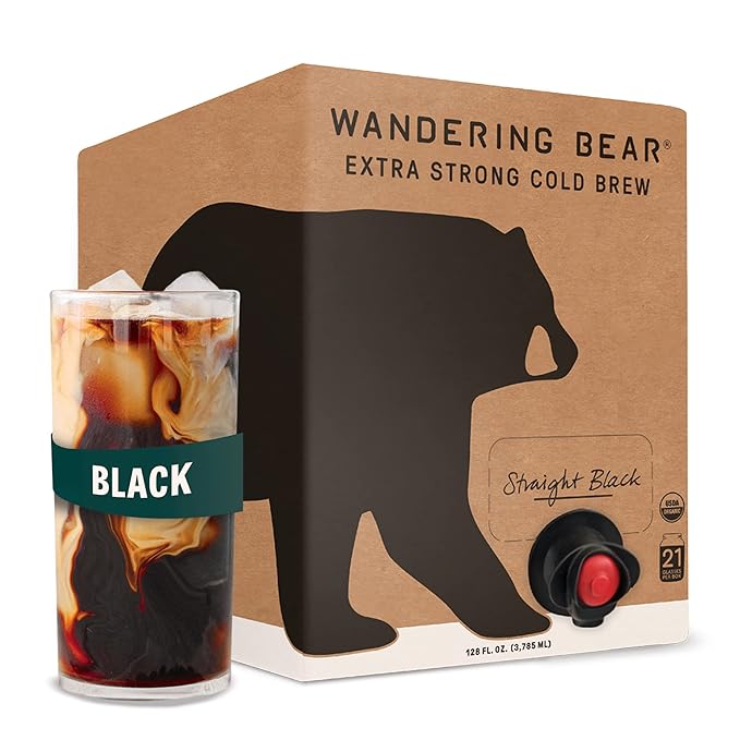 Wandering Bear Straight Black Organic Cold Brew Coffee On Tap, Iced Coffee Drink - Extra Strong, Bold, Smooth, No Sugar Added, Shelf-Stable, Ready to Drink & Vegan, 100% Organic - 128 fl oz (1 gallon)