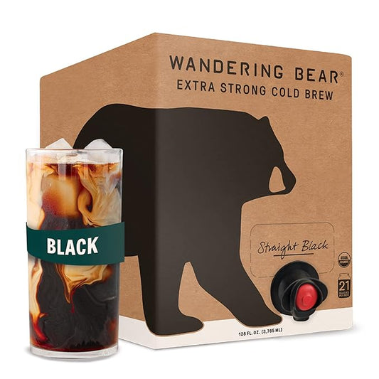 Wandering Bear Straight Black Organic Cold Brew Coffee On Tap, Iced Coffee Drink - Extra Strong, Bold, Smooth, No Sugar Added, Shelf-Stable, Ready to Drink & Vegan, 100% Organic - 128 fl oz (1 gallon)