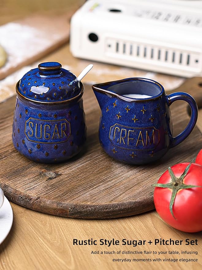 GDCZ Ceramic Sugar and Creamer Set, Coffee Serving Set, Sugar Bowl with Spoon and Cream Pitcher, Milk Creamer and Sugar Container (Blue)