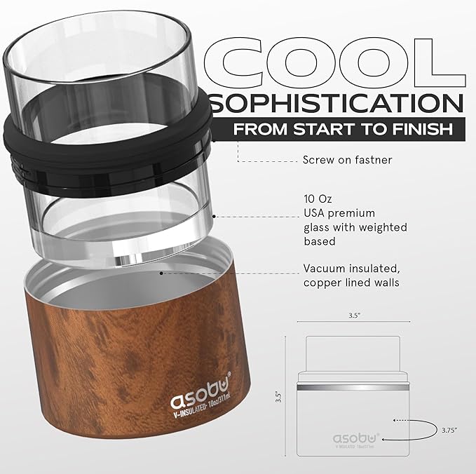 asobu Whiskey Sleeve Glass – Insulated Bourbon Tumbler with Premium Rocks Glass, BPA-Free, Double-Wall Stainless Steel, Keeps Drinks Cold Longer, 10.5oz