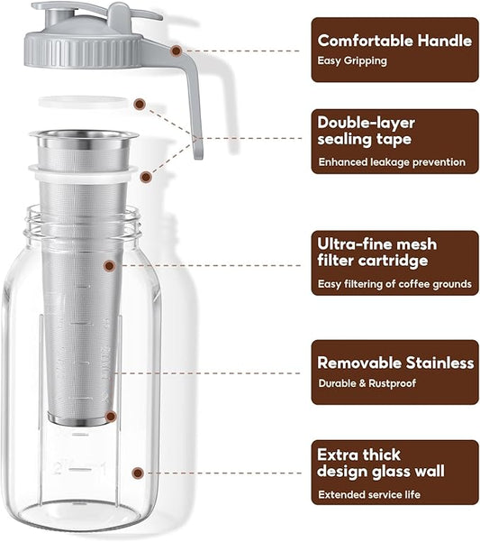 2 Pack 64 oz Cold Brew Coffee Maker Jar - Glass Cold Brew Maker with Handle, Stainless Steel Filter&Leak-Proof Lid, Heavy Duty Cold Brew Pitcher for Iced Coffee, Tea, and Milk (2 Quart / 1.9 Liter)
