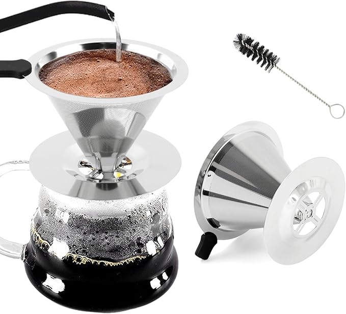 Pour Over Coffee Dripper, Stainless Steel Cone Coffee Filter with Base, Dual-Layer Fine Mesh Coffe Filter, Paperless Reusable Cone Coffee' Maker Dripper with Cleaning Brush(SIZE:S)