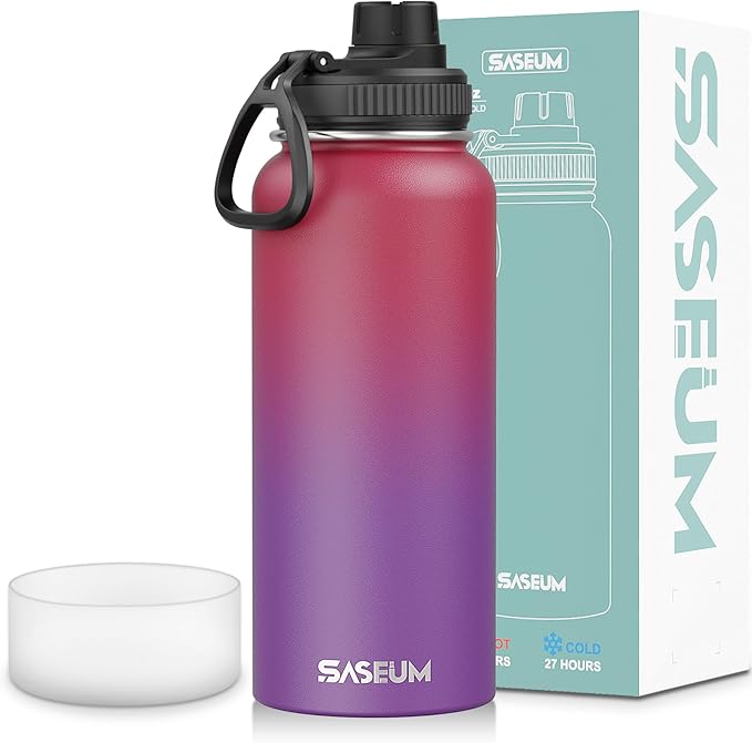 SASEUM Insulated Stainless Steel Water Bottles 32oz with Spout Lids Metal Vacuum Thermal Large Water Jug Leak-proof Reusable Flask for Sports Gym and Travel,Red-Purple