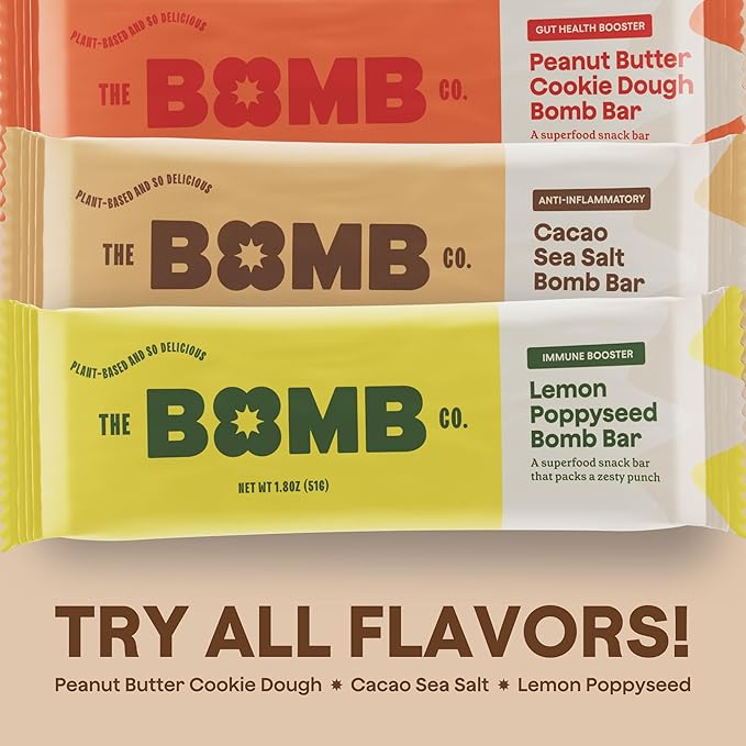 The Bomb Co. Blender Bomb Bar, Cacao Sea Salt, Superfood Snack Bar, Antioxidant Supplement, Almond Butter, Hemp Seeds, Chia Seeds, Flax Seeds, Vegan Chocolate Chips, Cacao Powder, Sea Salt, 9 Bars